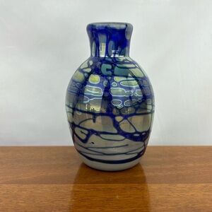 Joe Deanda hand made art glass vase cobalt blue iridescent artist signed